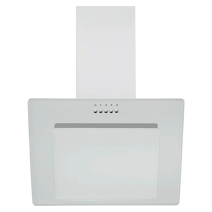 Respekta Cocina esquinera Hilde - Ancho: 280 cm, Blanco, Mate, Efecto madera, Con electrodomésticos - Primer plano de una campana extractora blanca moderna con panel de control e iluminación integrada, perfecta para cualquier cocina.