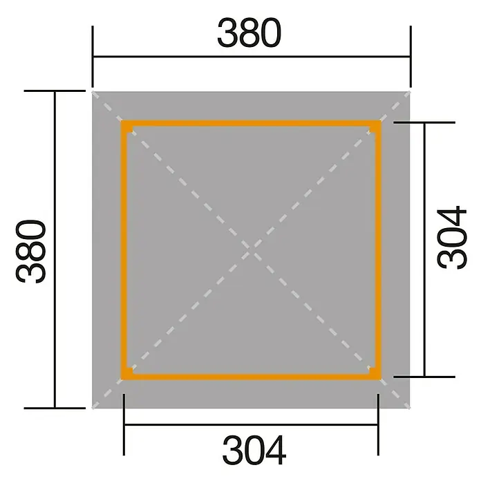 Weka Pavillon 656 - L x B: 461 x 399 cm, Natur - Grundriss eines rechteckigen Objekts mit den Maßen 380 x 380 und 304 x 304, dargestellt in Grau und Orange.
