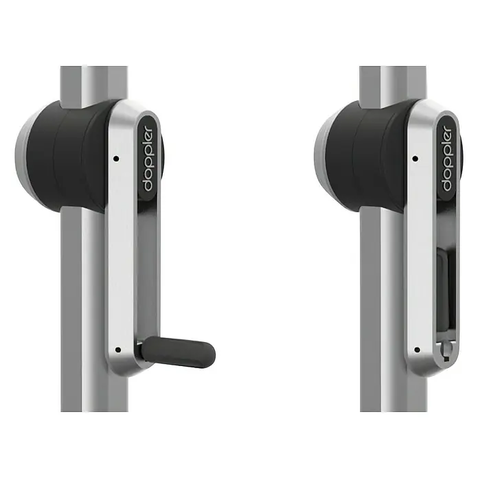 Doppler Expert Marktschirm Auto Tilt - Anthrazit, Bespannungsmaß (L x B): 300 x 200 cm - Nahaufnahme zweier Doppler-Produkte, die ein innovatives und schlankes Design aufweisen, das moderne Technologie widerspiegelt.