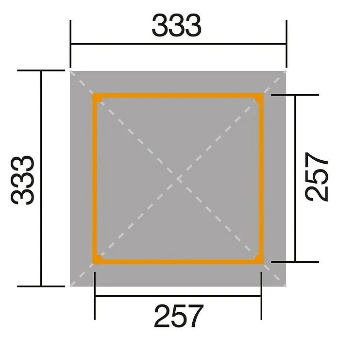Weka Pavillon Gartenoase 651 - L x B: 333 x 333 cm, Mit H-Ankerset - Draufsicht auf ein quadratisches Objekt, umgeben von grauer Fläche mit Größenangaben in Millimetern.