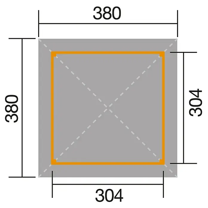 Weka Pavillon Gartenoase 651 - L x B: 380 x 380 cm - Draufsicht eines quadratischen Produkts mit den Maßen 380 x 380 und 304 x 304 mm, dargestellt in Orange auf grauem Hintergrund.