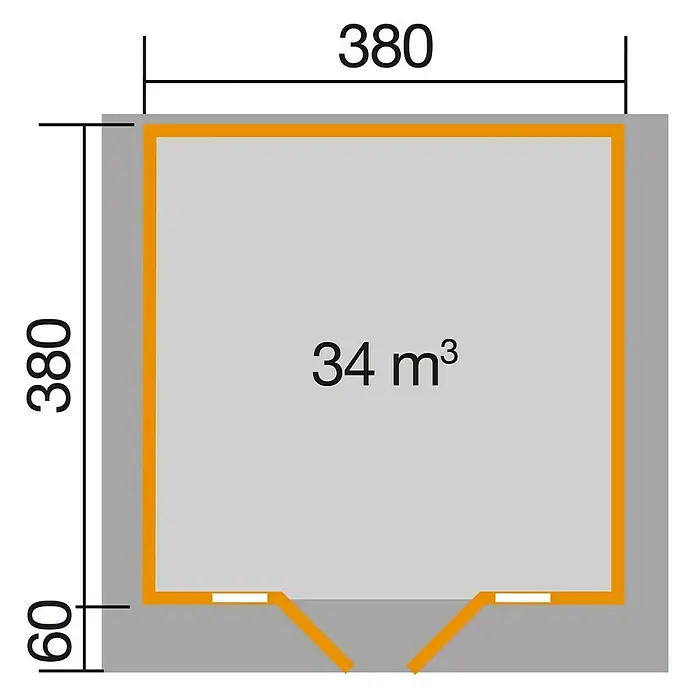 Weka Gartenhaus Weekendhaus 137 - Außenmaß inkl. Dachüberstand (B x T): 460 x 450 cm, Holz, Natur - Grundrisszeichnung eines rechteckigen Gebäudes mit den Maßen 380x380 und einem zusätzlichen Vorsprung von 60 Einheiten. Das Volumen beträgt 34 m³.
