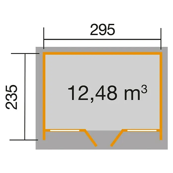 Weka Gartenhaus 263 - Außenmaß inkl. Dachüberstand (B x T): 305 x 250 cm, Holz, Natur, 6,93 m² - Grundrisszeichnung eines Hauses mit den Maßen 295 x 235 und einem Volumen von 12,48 m³.