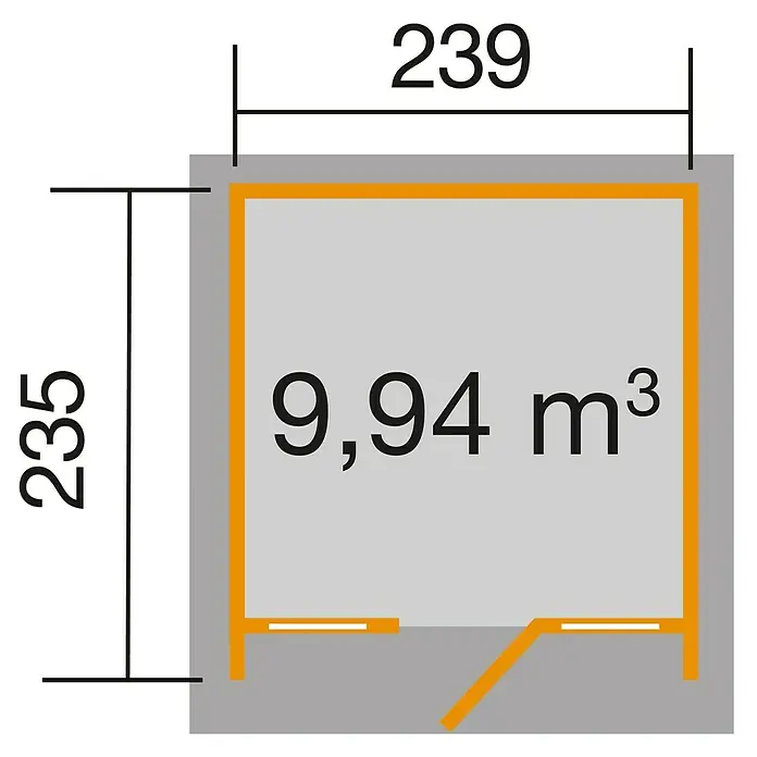 Weka Gartenhaus 263 - Außenmaß inkl. Dachüberstand (B x T): 245 x 250 cm, Holz, Grau, 5,62 m² - Grundriss eines kleinen Raums mit Abmessungen 235 x 239 und einem Volumen von 9,94 Kubikmetern, ideal für Lagerung oder als kleines Büro.