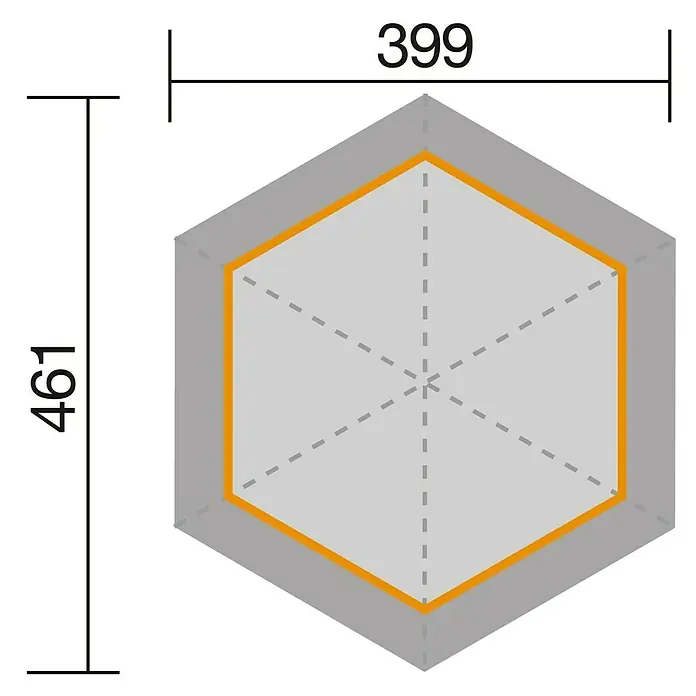 Weka Pavillon 656 - L x B: 461 x 399 cm, Rot, Natur - Darstellung eines sechseckigen Objekts mit den Maßen 399 x 461, das in Grau gehalten ist und eine orangefarbene Umrandung aufweist.