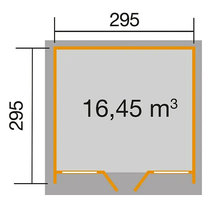 Weka Gartenhaus 263 - Außenmaß inkl. Dachüberstand (B x T): 350 x 316 cm, Holz, Grau, 8,7 m² - Abbildung eines Hausplans mit den Maßen 295 x 295 und einem Volumen von 16,45 m³, die die Größe und das Volumen des Hauses hervorheben.