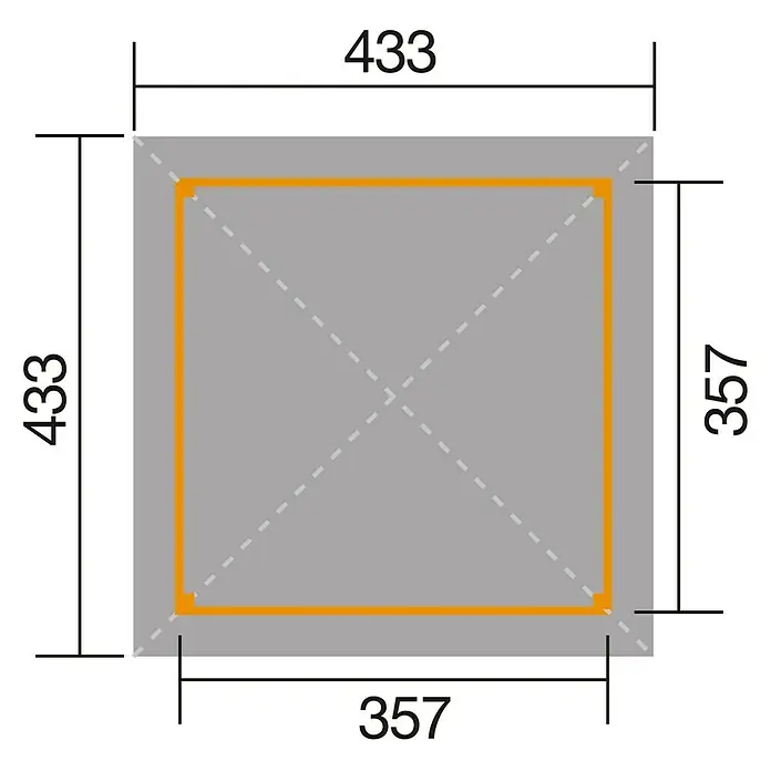 Weka Pavillon Gartenoase 651 A - L x B: 433 x 433 cm - Grundriss mit Abmessungen eines orangefarbenen Objekts, eingebettet in einer grauen Struktur, mit Maßangaben von 433 und 357.