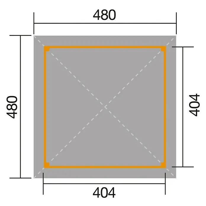 Weka Pavillon Gartenoase 651 A - L x B: 480 x 480 cm, Mit H-Ankerset - Draufsicht eines quadratischen Produkts mit den Maßen 480 x 480 mm und einem inneren Quadrat von 404 x 404 mm.