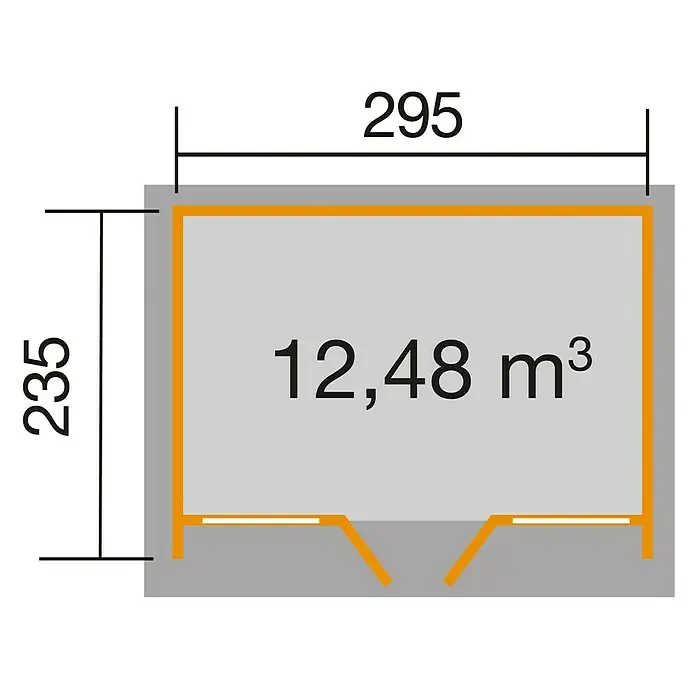 Weka Gartenhaus 263 - Außenmaß inkl. Dachüberstand (B x T): 350 x 250 cm, Holz, Grau, 6,93 m² - Illustration der Abmessungen (235 x 295) und des Volumens (12,48 m³) eines rechteckigen Objekts oder Raumes.