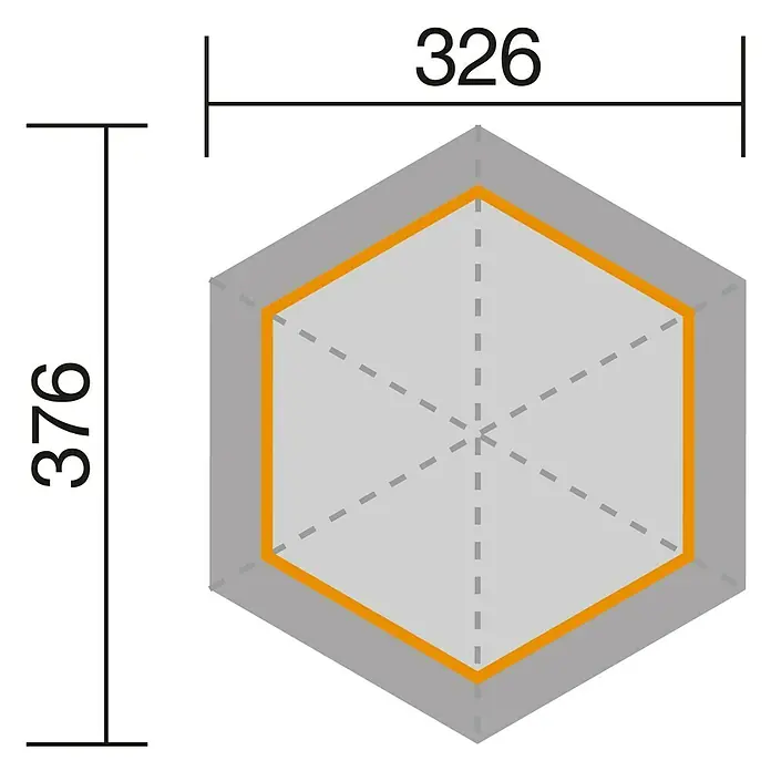 Weka Pavillon 656 - L x B: 376 x 326 cm, Rot - Schema eines sechseckigen Produkts mit Maßangaben von 326 und 376 zur Illustration der Produktabmessungen und Proportionen.