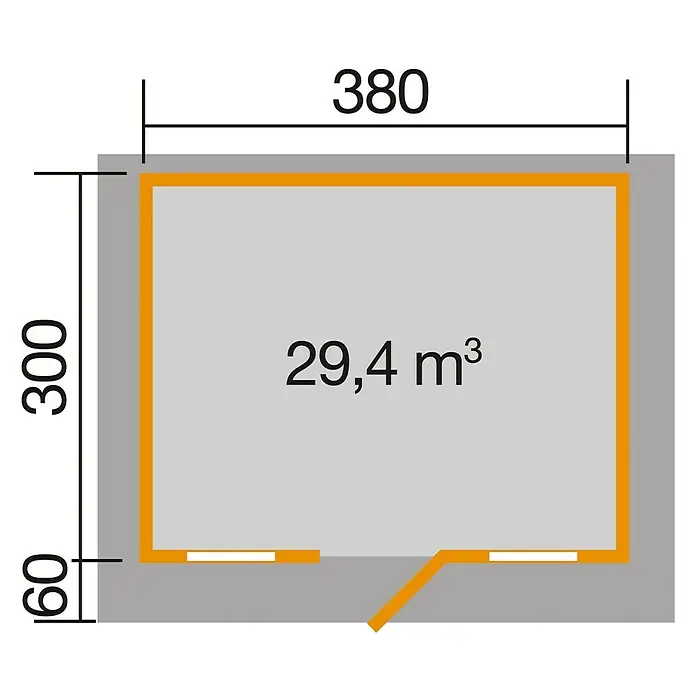 Weka Gartenhaus Weekendhaus 138 - Außenmaß inkl. Dachüberstand (B x T): 450 x 370 cm, Holz, Natur, 11,4 m² - Grundrisszeichnung eines Raumes mit den Maßen 380 x 300 und einem Volumen von 29,4 m³, ideal für Planungszwecke.