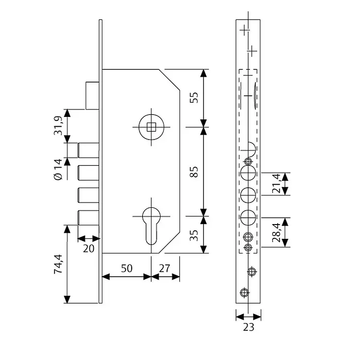Tesa Assa Abloy Cerradura de embutir R200B - Ancho: 23 mm - Dibujo técnico de una cerradura de embutir, detallando las dimensiones para la instalación y las especificaciones del producto.