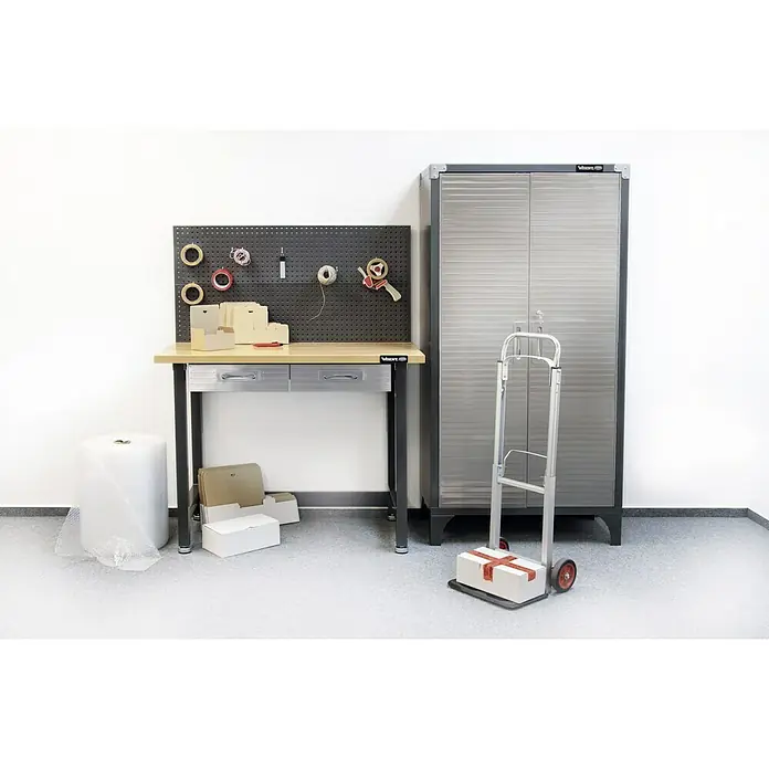 Wisent Werkstatt-Hochschrank - L x B x H: 46 x 91 x 183 cm, Silber/Schwarz - Vielseitiger Arbeitsbereich mit Werkbank, Lochplatte, Rollwagen und großem Schrank zur Aufbewahrung von Werkzeugen und Materialien.