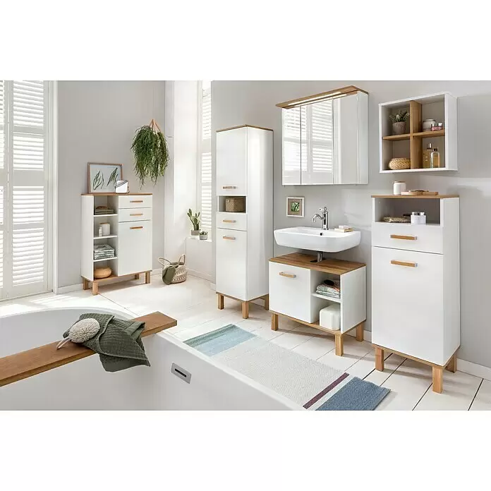 Schildmeyer Padua Highboard - 40 x 35 x 115 cm, Weiß/Eiche - Stimmungsaufnahme