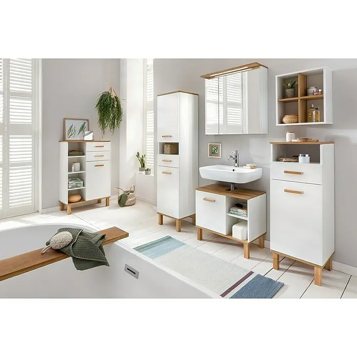Schildmeyer Padua Wandregal - 41 x 21 x 48 cm, Weiß/Eiche - Badezimmer-Ensemble mit weißen Unterschränken und Holzelementen, inklusive Spiegelschrank und Hängeregal. Elegantes Design für moderne Bäder.