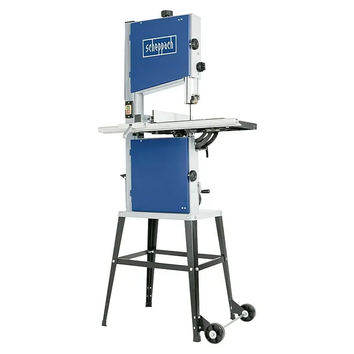 Scheppach Bandsäge HBS 400 - 750 W, Durchlasshöhe: 170 mm, Durchlassbreite: 305 mm - Eine Scheppach Bandsäge auf einem schwarzen Gestell mit Rädern. Die Säge ist blau und grau und verfügt über einen Arbeitstisch.