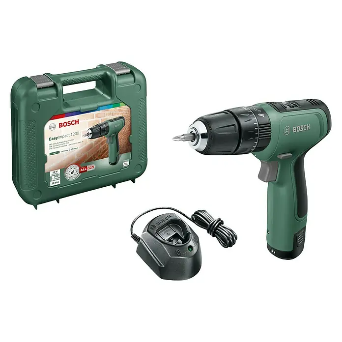 Bosch Taladro atornillador percutor de batería EasyImpact 1200 - 12 V, 1 batería, 1,5 Ah, 30 Nm - Juego de taladro inalámbrico Bosch, incluye un taladro inalámbrico EasyImpact 1200, cargador y estuche de transporte.