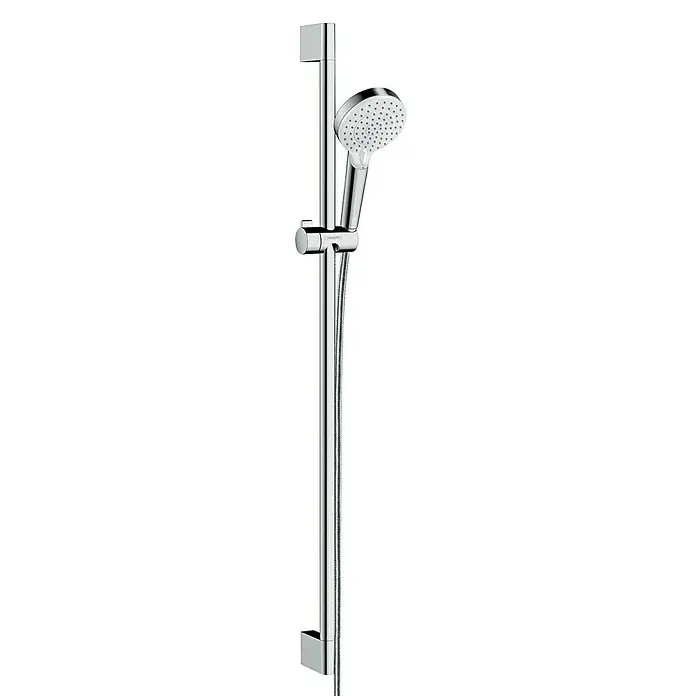 Hansgrohe Crometta Brausegarnitur Vario - Lochabstand: 91,5 cm, Art Strahl: Rain, IntenseRain, Chrom/Weiß - Die verstellbare Handbrause mit Brausestange in Chromoptik ist ein Blickfang im Badezimmer. Die Höhe der Brause ist individuell einstellbar.