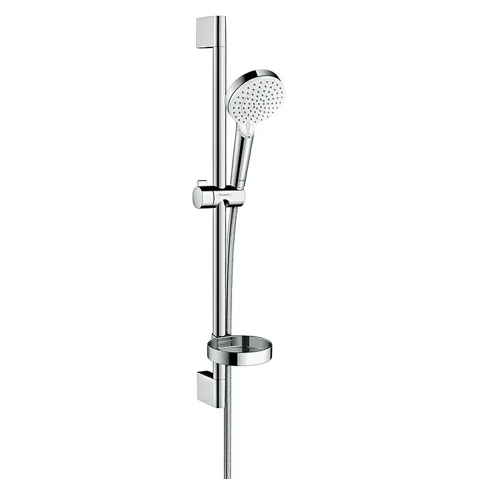 Hansgrohe Crometta Brausegarnitur Vario - Lochabstand: 62,5 cm, Art Strahl: Rain, IntenseRain, Chrom/Weiß - Nahaufnahme einer Hansgrohe Duschstange mit Handbrause und Ablage in glänzendem Chromdesign für moderne Badezimmer.