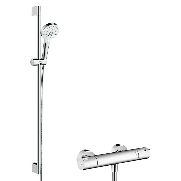 Hansgrohe Crometta Brause-Set Vario/Ecostat 1001 CL - Lochabstand: 91,5 cm, Chrom/Weiß - Duschgarnitur mit Brausestange und Thermostatmischer. Das Set besteht aus hochwertigen Materialien und bietet eine komfortable Duschlösung.