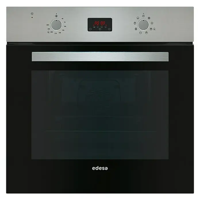 Edesa Horno empotrado EOE-6040 X - Número de tipos de calentamiento: 6 ud., Volumen horno: 70 l - Horno empotrable Edesa con pantalla digital y mandos giratorios para ajuste de temperatura. El electrodoméstico tiene un acabado en plata y negro.
