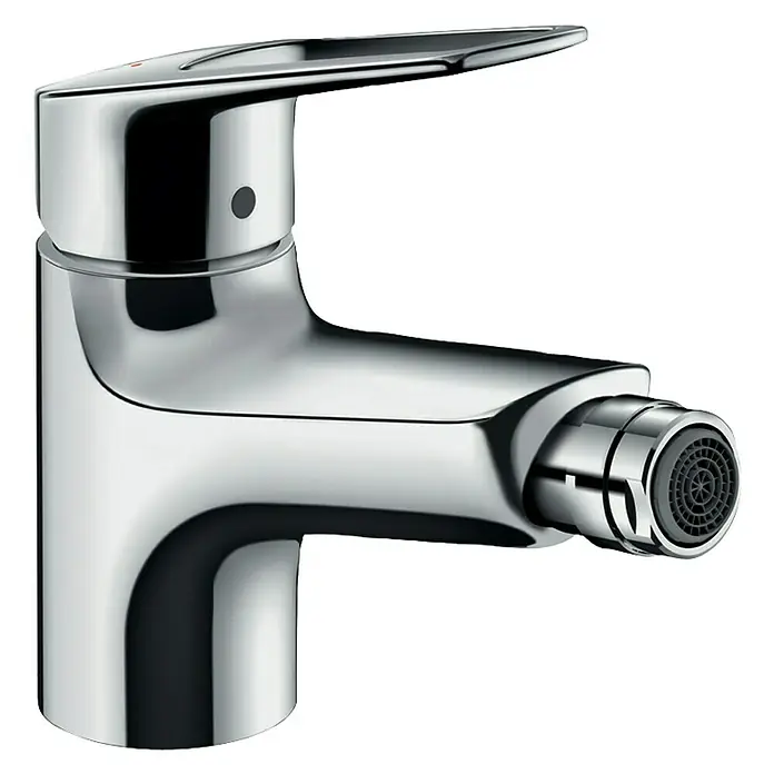 Hansgrohe Novus Loop Bidetarmatur 70 - Chrom, Glänzend - Nahaufnahme eines glänzenden, modernen Bidet-Wasserhahns mit einem schwarzen Sprühkopf und minimalistischem Design.