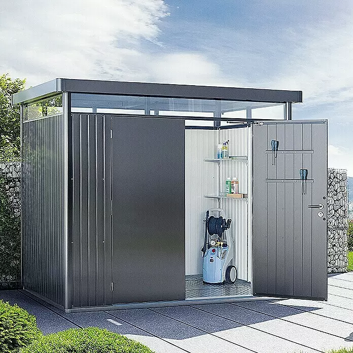 Biohort HighLine Gerätehaus HighLine H4 - Dunkelgrau Metallic, Doppeltür, Außenbreite inkl. Dachüberstand: 275 cm, Außentiefe inkl. Dachüberstand: 275 cm, Stahl - Stimmungsaufnahme
