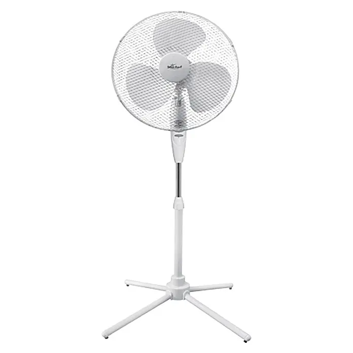 Voltomat Ventilador de pie Acapulco - Blanco, 40 cm, 125 cm - Un ventilador de pie blanco con tres aspas y una rejilla de seguridad metálica, sobre una base de tres patas.