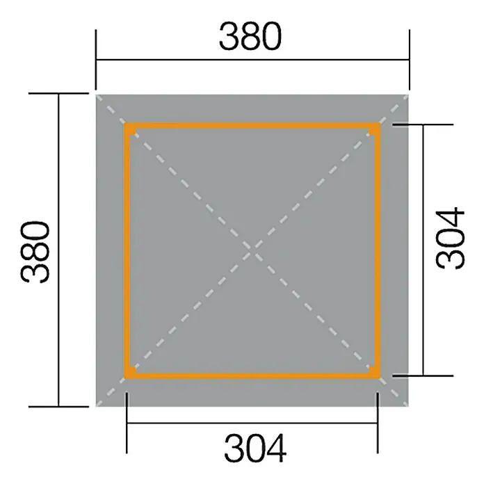Weka Pavillon 651 - 3,8 x 3,8 m, Fichte - Abbildung eines quadratischen Objekts mit den Maßen 380 x 380 und einem darin enthaltenen orangefarbenen Quadrat mit den Maßen 304 x 304.