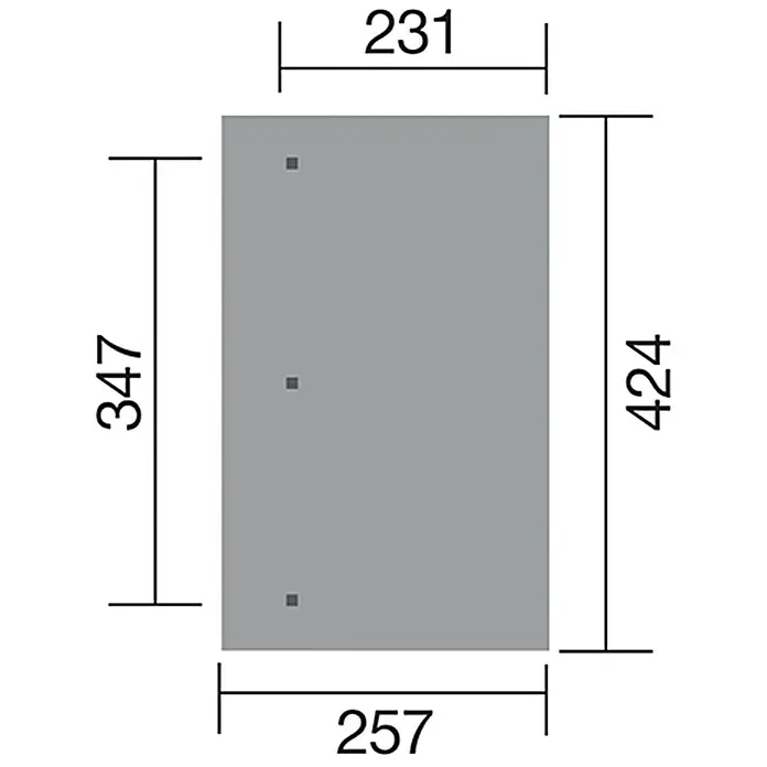 Weka Terrassenüberdachung Salsa - B x T: 424 x 257 cm, Grün, kesseldruckimprägniert, Transparent - Eine graue Rechteckform mit den Maßen 231 x 257 x 347 x 424 ist zu sehen. Sie hat drei kleine Quadrate.