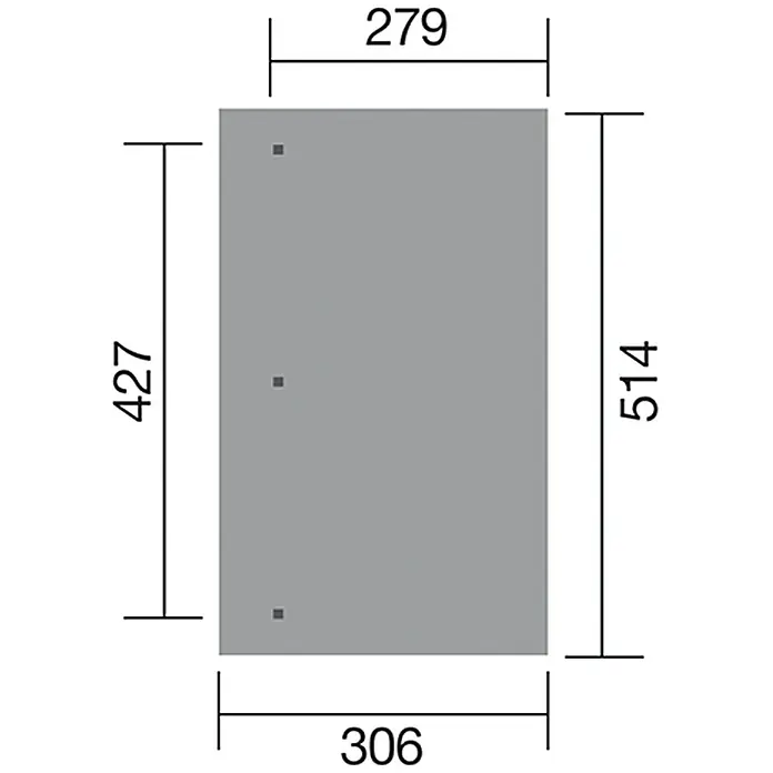 Weka Terrassenüberdachung Salsa - B x T: 514 x 306 cm, Grün, kesseldruckimprägniert, Transparent - Das Bild zeigt eine graue Platte mit den Maßen 427 x 306 mm und 514 x 279 mm. Es sind drei Befestigungspunkte sichtbar.
