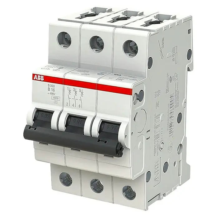 ABB System pro M compact Sicherungsautomat S203 B16A - B, 16 A, 6 kA, 3 Stk. - Ein dreipoliger ABB S203 B16 Leitungsschutzschalter für zuverlässigen Schutz vor Überlast und Kurzschlüssen in elektrischen Anlagen.