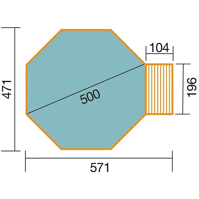 Weka Holz-Pool Acapulco II - L x B x H: 571 x 471 x 116 cm, Braun/Blau, 18.200 l - Draufsicht des Gartenhauses mit den Maßen 471 x 571, einer Breite von 104 und einer Tiefe von 196 sowie einer Diagonale von 500.