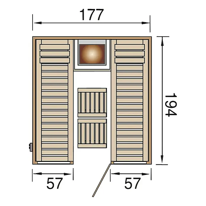 Weka Elementsauna Kaarina 2 - L x B x H: 194 x 177 x 199 cm - Draufsicht einer Sauna mit den Maßen 177 x 194 cm und einer Türbreite von 57 cm. Perfekt für entspannende Momente.
