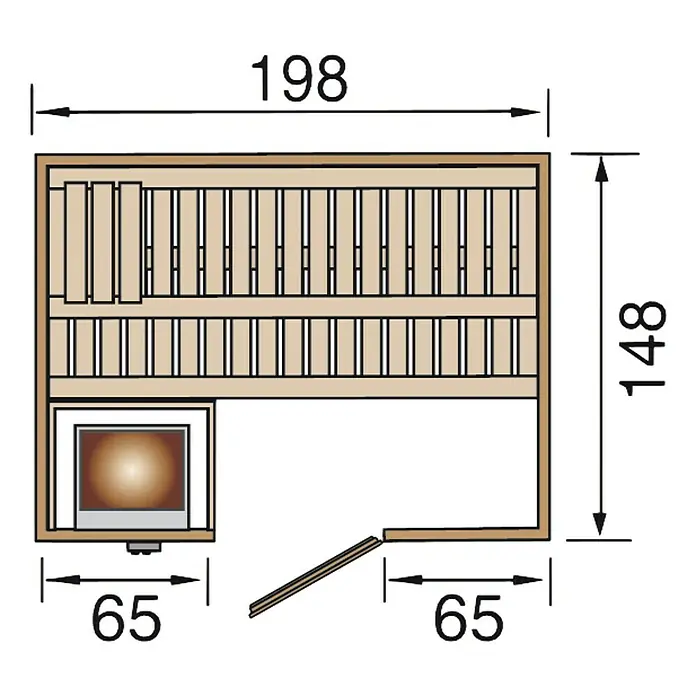 Weka Massivholzsauna Bergen 1 GT - Ohne Ofen, L x B x H: 148 x 198 x 203,5 cm, Natur / Graphit Optik - Grundriss einer Sauna mit den Maßen 198 x 148 cm und einer Ofenfläche von 65 cm. Ideal für entspannende Saunagänge.