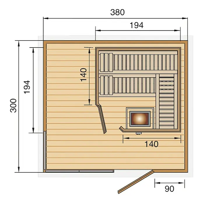 Weka Saunahaus CUBILIS 7,5 kW BioS - Bioofen, Steuerung Ofen: Extern, L x B x H: 194 x 194 x 199 cm - Ein Grundriss einer Sauna mit Maßen und Anordnung der Bänke, Heizung und Tür für Bauplanung und Design.