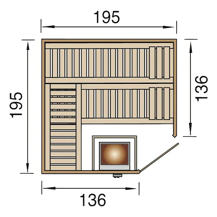 Weka Massivholzsauna KEMI Eck 7,5 kW BioS GT Gr.2 Typ2 - Mit 7,5 kW Bio-Ofen mit externer Steuerung, L x B x H: 195 x 195 x 199 cm - Grundriss einer Sauna mit detaillierten Maßangaben. Die Sauna ist 195 x 195 cm groß.