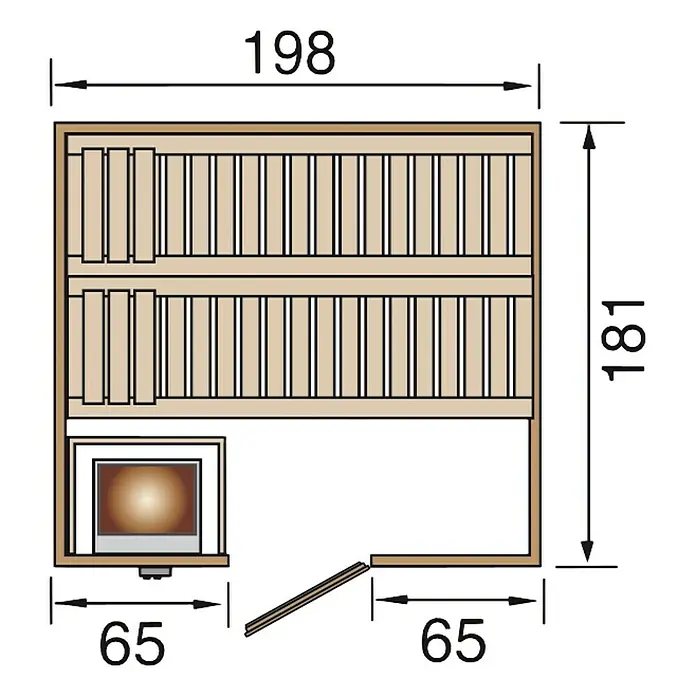 Weka Massivholzsauna BERGEN 7,5 kW OS GT Gr.1.8 - Elektroofen, Steuerung Ofen: Extern, Leistung: 7,5 kW, L x B x H: 195,5 x 205 x 178 cm - Draufsicht der Sauna mit Maßen, die die Anordnung der Bänke und die Ofenposition zeigen.\n