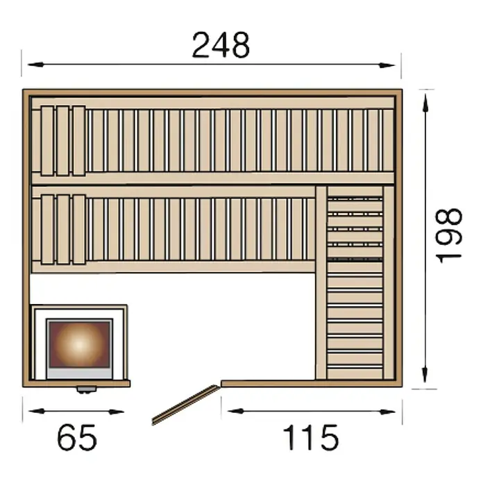 Weka Massivholzsauna BERGEN 7,5 kW OS MT Gr.3 - Elektroofen, Steuerung Ofen: Extern, L x B x H: 245,5 x 205 x 195 cm - Grundriss einer Sauna mit Maßen, der die Anordnung von Bänken, Ofen und Tür zeigt, ideal für die Planung Ihres Wellnessbereichs.