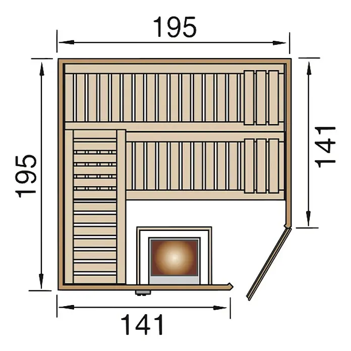 Weka Massivholzsauna Turku 2 HT - Ohne Ofen, L x B x H: 198 x 198 x 205 cm - Draufsicht des Saunaplans mit detaillierten Maßangaben.