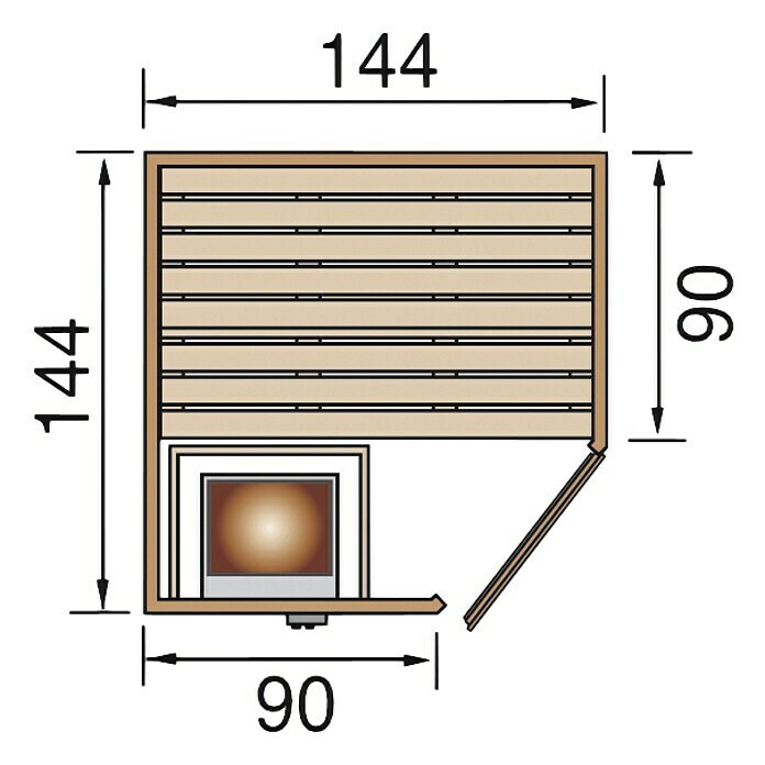 Weka Elementsauna Kiruna GT Kompakt Gr.1Mit 3,6 kW Saunaofen mit integrierter Steuerung, 144 x 144 x 199 cm View From Above