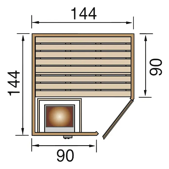 Weka Elementsauna Kiruna GT Kompakt Gr.1 - Elektroofen, Steuerung Ofen: Integriert, L x B x H: 144 x 144 x 199 cm - Die Abbildung zeigt den Grundriss einer Sauna mit den Maßen 144x144 cm und einer Tiefe von 90 cm.