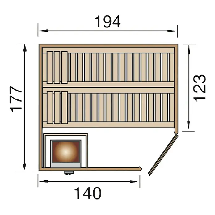 Weka Elementsauna Varberg 2 GTF - Ohne Ofen, L x B x H: 177 x 194 x 199 cm - Darstellung eines Sauna Grundrisses mit Maßangaben. Ideal für Planungszwecke und zur Visualisierung der Raumaufteilung.