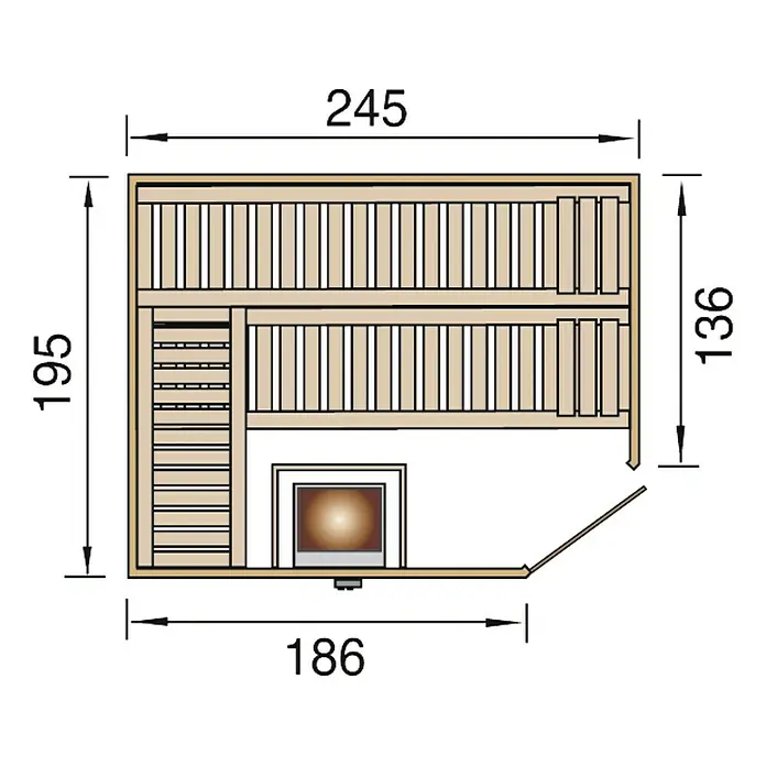 Weka Massivholzsauna KEMI Eck 7,5 kW BioS GT Gr.3 Typ 1 - Mit 7,5 kW Bio-Ofen mit externer Steuerung, L x B x H: 245 x 200 x 195 cm - Draufsicht des Saunaplans mit Maßen. Abmessungen: 245 x 195 x 186 x 136 cm.