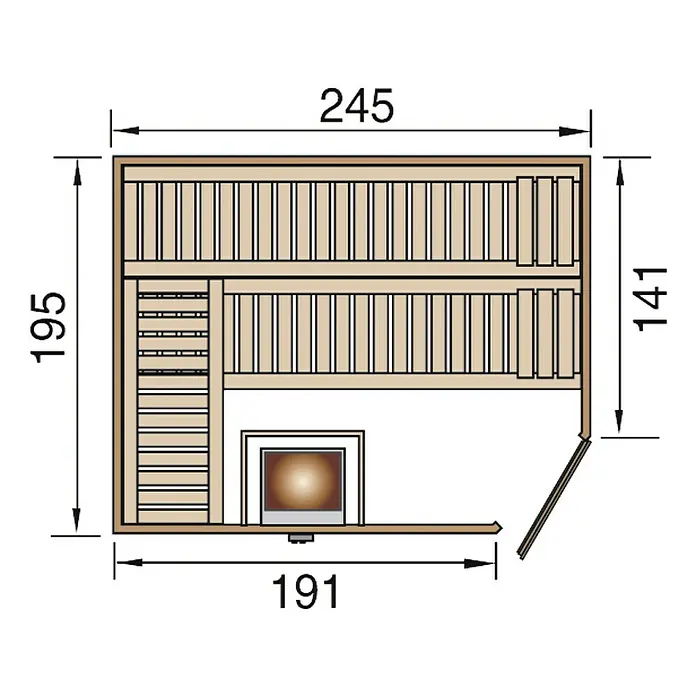 Weka Massivholzsauna TURKU 7,5 kW OS MT Gr.3 - Mit 7,5 kW Ofen mit externer Steuerung, L x B x H: 248 x 205 x 198 cm - Draufsicht der Saunagrundrisszeichnung mit Bemaßungen, die ihre rechteckige Form und die Inneneinrichtung zeigt.