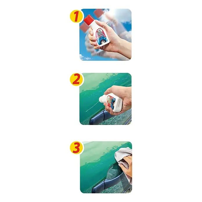 Reparador de arañazos Paint Regen - 100 ml, Apto para: Superficies barnizadas - La imagen muestra 3 pasos de uso de "Paint Repair". Primero agitar, luego aplicar y finalmente pulir con un paño. Reparación de pintura de coche.