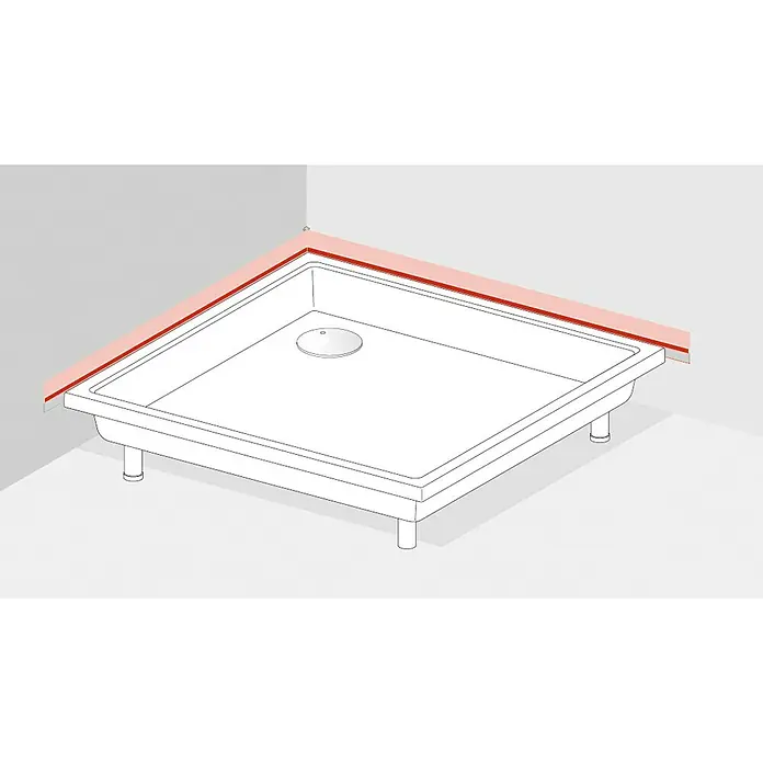 Ottofond Wannenfugenband - 3,3 m x 7,5 cm, Rot - Das Bild zeigt eine Duschwanne mit roter Abdichtung entlang der Wände, die eine wasserdichte Verbindung gewährleistet. Funktional und schlicht.