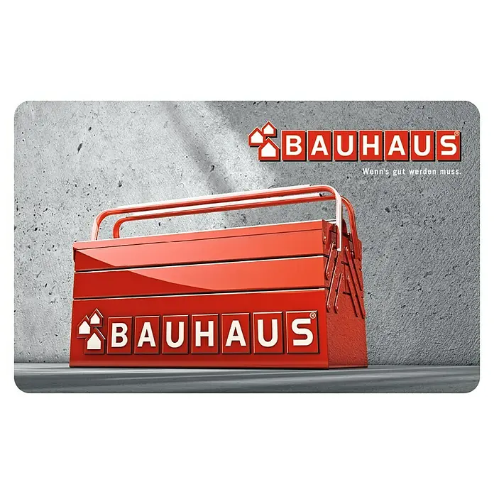 Gutscheinkarte - Zum Selbstausdruck, 20 Euro, Werkzeugkasten - Roter Werkzeugkasten von Bauhaus vor einer Betonwand, ideal für Heimwerker und Profis. Hochwertige Verarbeitung für lange Lebensdauer.