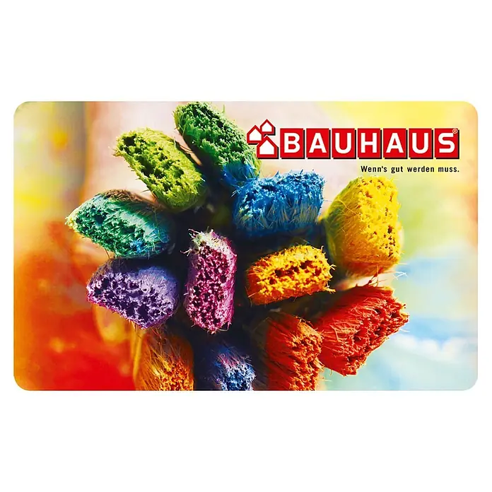 Gutscheinkarte - Per Postversand, 20 Euro, Bunte Pinsel - Abbildung eines bunten Bauhaus-Pinsels.
