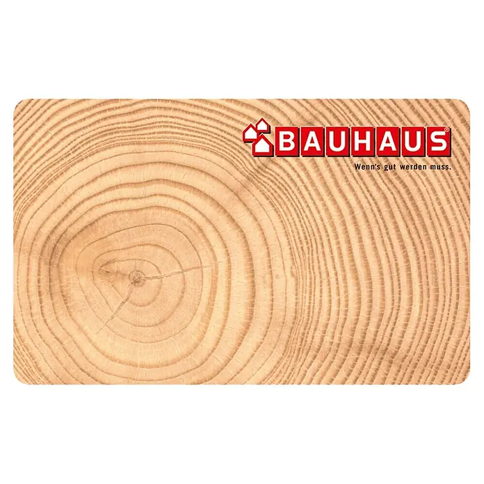 Gutscheinkarte - Per Postversand, Individueller Betrag, Holz - Bauhaus Gutscheinkarte mit einem Baumscheibenmotiv. Die Geschenkkarte ist ideal für Heimwerker und Gartenfreunde.